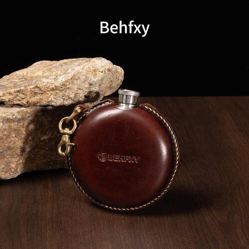 Behfxy帛云 手工皮具不锈钢酒壶圆形酒瓶 户外随身迷你便携白酒壶