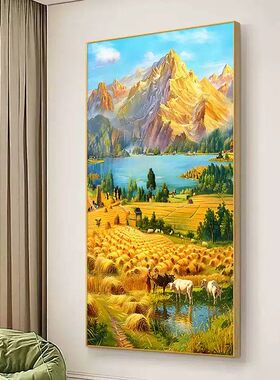 丰收入户玄关装饰画手绘油画金山聚宝盆客厅挂画竖版走廊过道壁画