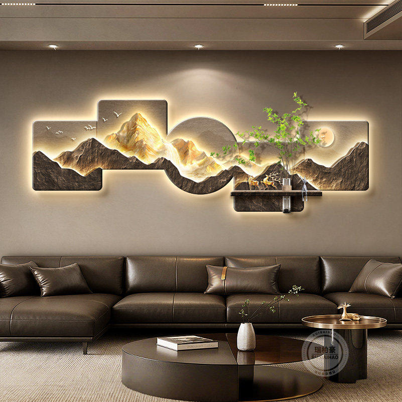 高级感立体日照金山轻奢客厅装饰画沙发背景墙面挂画大气山水壁灯