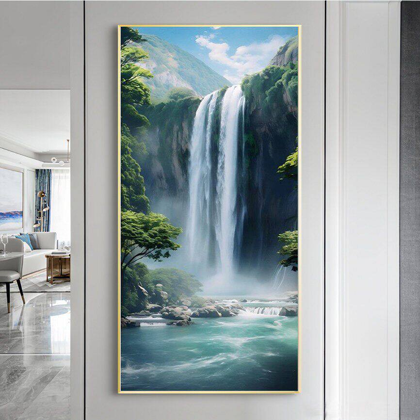 高山流水瀑布招财镇宅玄关画