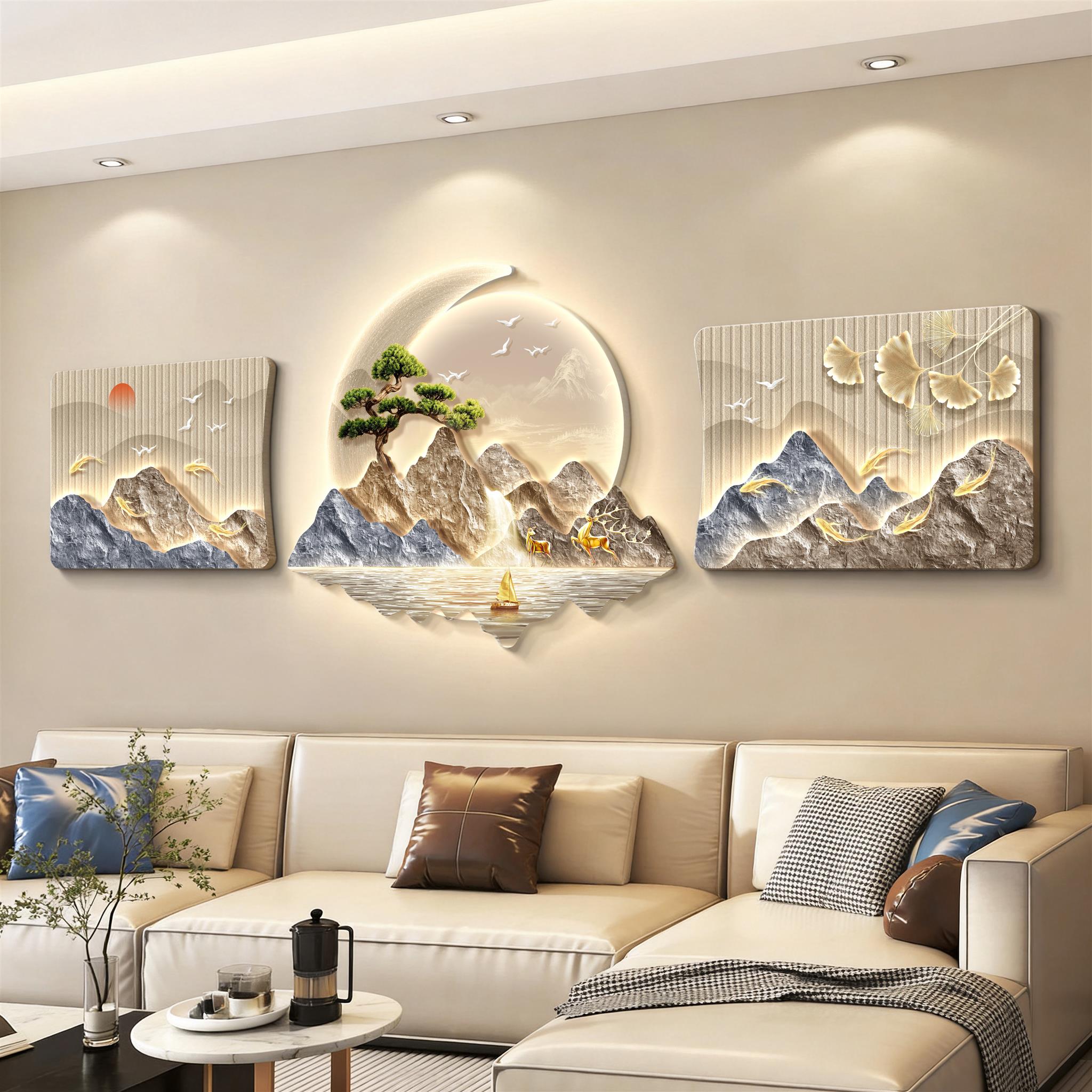 轻奢led灯客厅装饰画沙发背景墙挂画壁画现代简约高级感立体砂岩