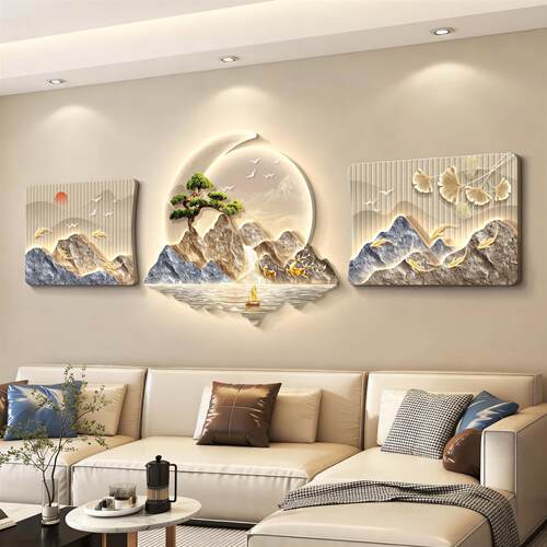 轻奢led灯客厅装饰画沙发背景墙挂画壁画现代简约高级感立体砂岩