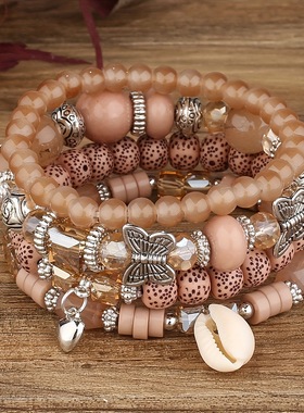 欧美 波西米亚民族风手链 时尚蝴蝶水晶多层多元素分层弹力手链