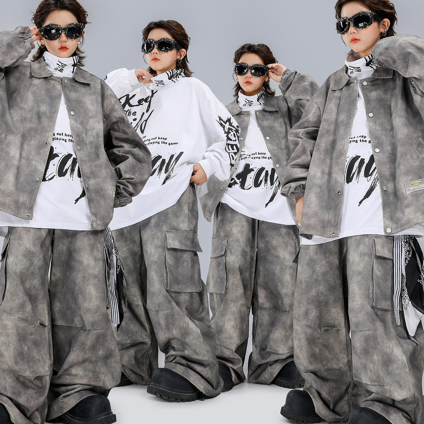 儿童街舞潮服男童嘻哈烟灰色秋冬套装hiphop酷帅女童架子鼓演出服