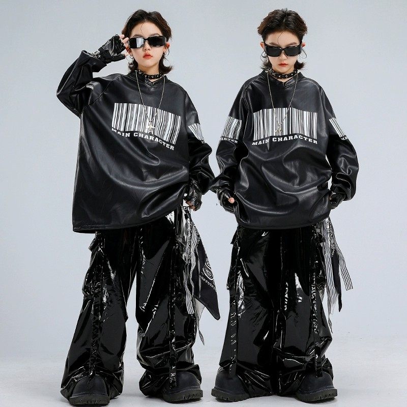 街舞儿童潮服嘻哈男童黑色皮衣套装hiphop男孩架子鼓元旦演出服男