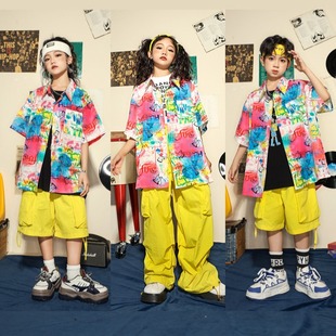 街舞儿童潮服嘻哈男童港风衬衫工装裤套装女童炸街潮牌表演出服装
