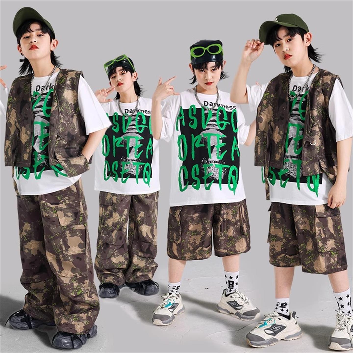 演出服六一少儿男童嘻哈服装儿童节迷彩套装hiphop街舞架子鼓马甲