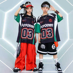 儿童街舞演出服男童女童hiphop嘻哈美式潮服棒球服拼色表演服套装