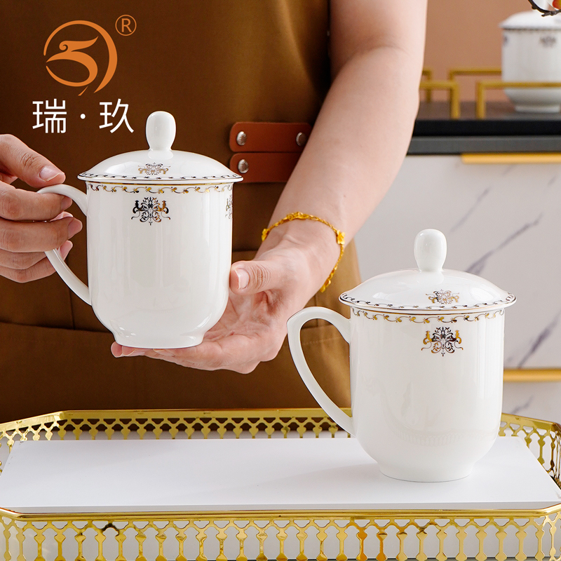 描金骨瓷带盖办公杯会议茶杯定制