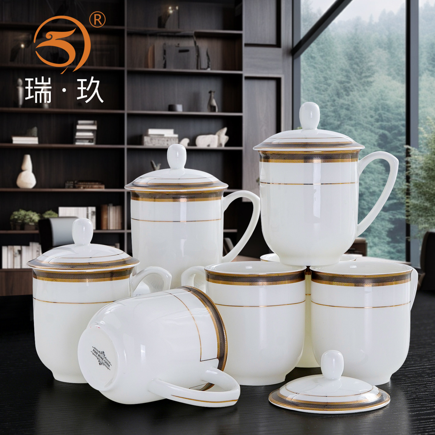 4个骨瓷商务办公杯带盖茶杯喝水杯子陶瓷杯碟家用水杯可定制logo