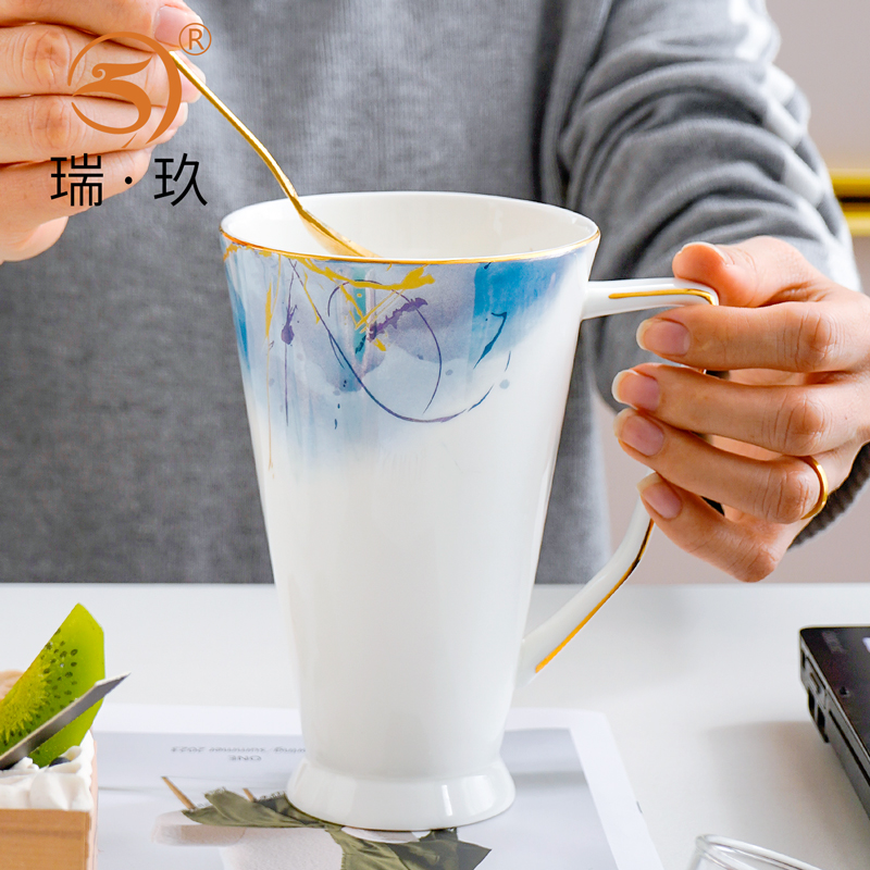 瑞玖骨瓷轻奢家用描金水杯马克杯