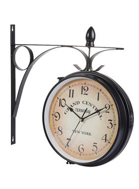 创意钟表铁艺挂饰挂钟 复古装饰客厅钟双面挂钟