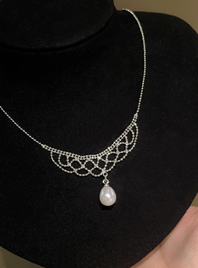 蕾丝水滴珍珠项链天然淡水法式吊坠女高级感锁骨链配饰2025年新款