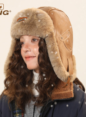 IIING 复古飞行员雷锋帽女秋冬季旅游加绒加厚保暖护耳皮革帽子男