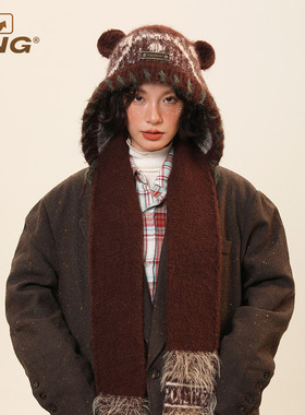 IIING 小熊耳朵可爱针织护耳针织帽女秋冬季加厚保暖帽子围巾一体