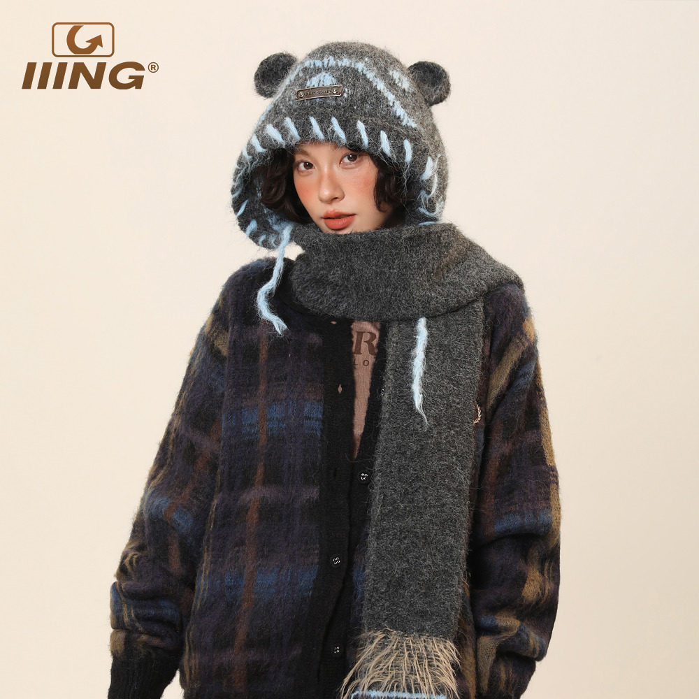 IIING 可爱小熊耳朵帽子围巾一体秋冬加厚保暖护耳含羊毛针织帽女