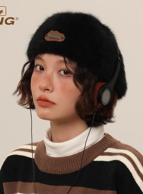 IIING 黑色毛绒贝雷帽子女秋冬款百搭显脸小反戴复古前进帽报童帽