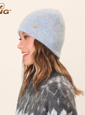 IIING 蓝色针织帽女2025秋冬新款雪地拍照百搭显脸小保暖护耳帽子