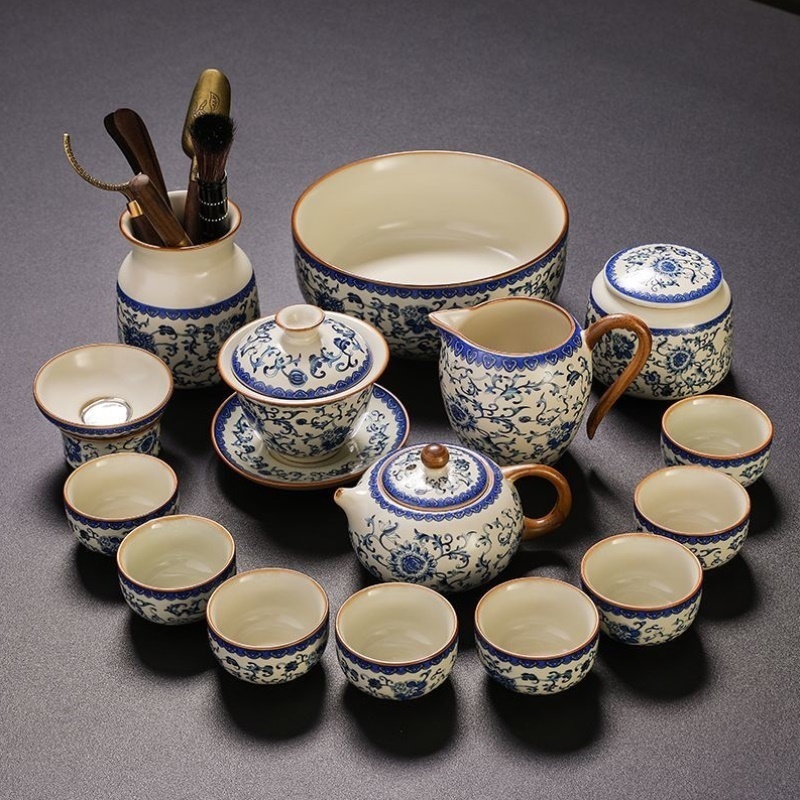 黄汝窑缠枝莲功夫茶具套装2025新款家用西施泡茶壶提梁壶盖碗整套