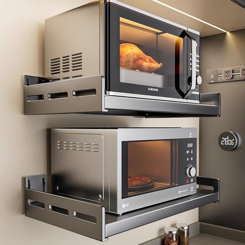 2025新款厨房不锈钢微波炉烤箱壁挂式免打孔置物架多功能收纳支架