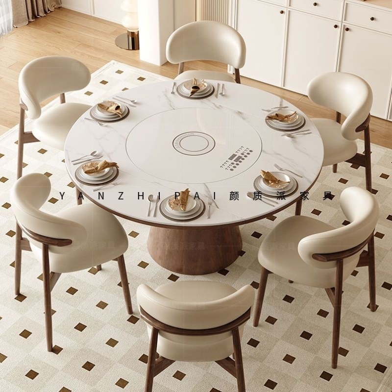 复古岩板餐桌带自动旋转暖菜转盘可伸缩折叠实木胡桃色中古风饭桌