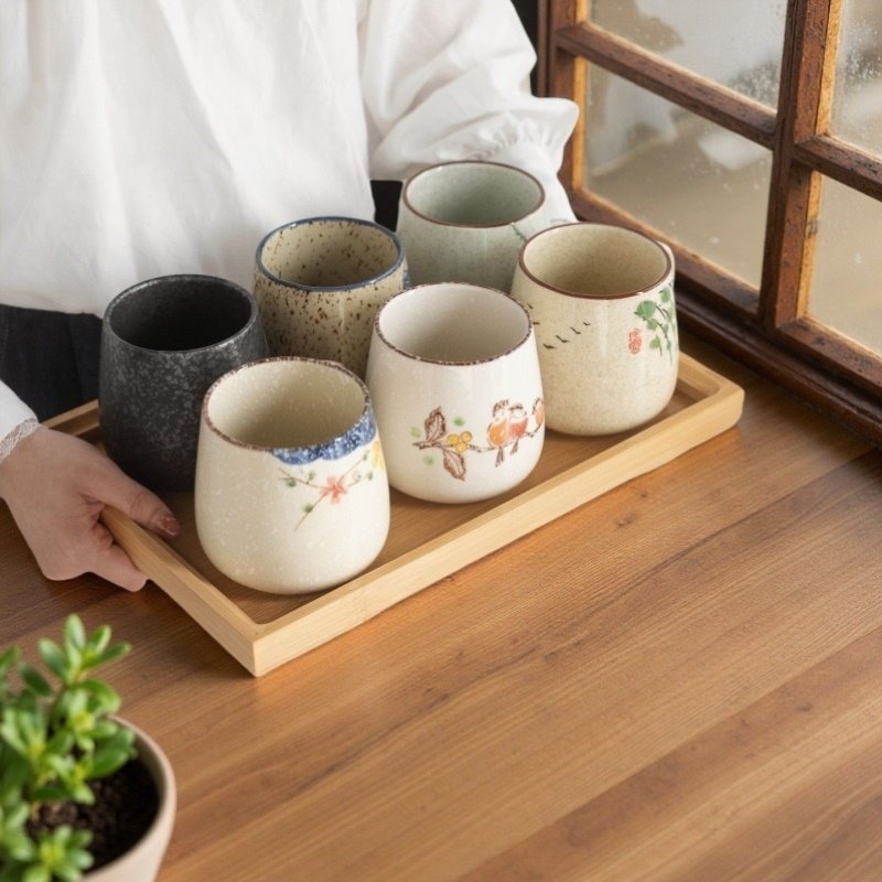 手绘陶瓷装家用简约6个水杯水具套装客厅创意早餐杯耐热杯子