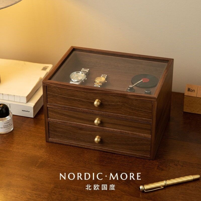 桌面收纳盒木质高级感多层抽屉盒办公室化妆品透明防尘整理收纳盒