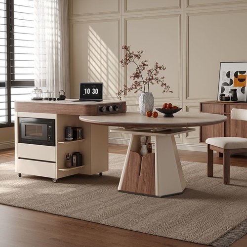 现代简约厨房家用岛台餐桌一体小户型中古风折叠伸缩方圆两用饭桌