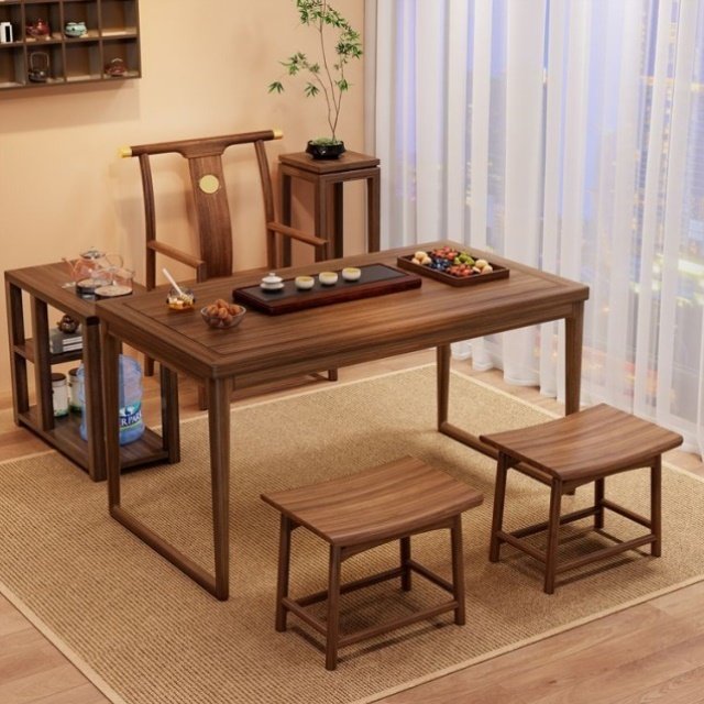 新中式茶桌禅意胡桃木阳台实木桌椅组合家用功夫一体小户型茶桌