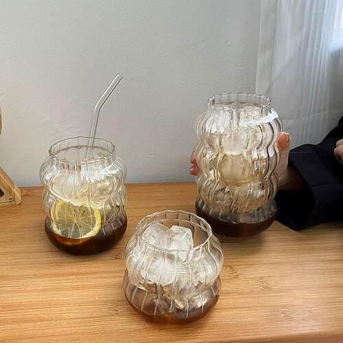 竖纹胖嘟嘟杯毛毛虫杯水果茶杯条纹杯大容量冷饮杯咖啡杯果汁杯