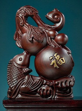 黑檀木雕福禄有鱼葫芦摆件家居客厅电视柜装饰红木工艺品乔迁送礼