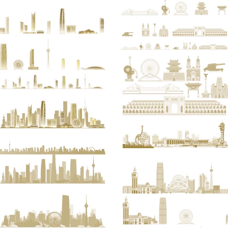 天津地标志建筑地平天际线描稿插画剪影手绘景点矢量旅游设计素材