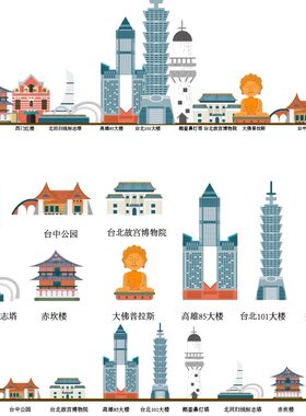 台湾旅游手绘建筑景点插画城市地标志剪影天际线条稿线描设计素材