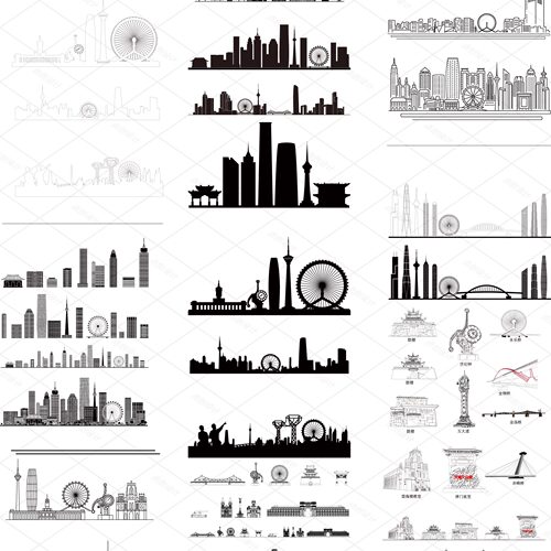 天津地标志建筑设计地平天际线描稿插画剪影矢量手绘旅游景点素材