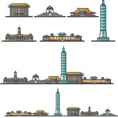 台湾旅游手绘建筑景点插画城市标志地剪影天际线条稿线描素材