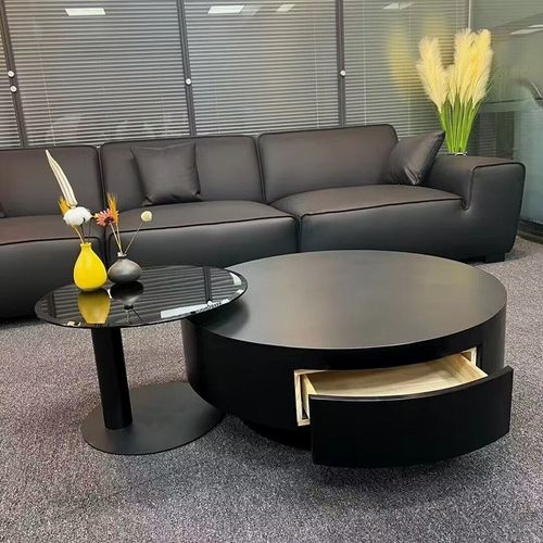 纯黑岩板实木茶几客厅2024新款不锈钢拉丝家用圆形组合轻奢高级感