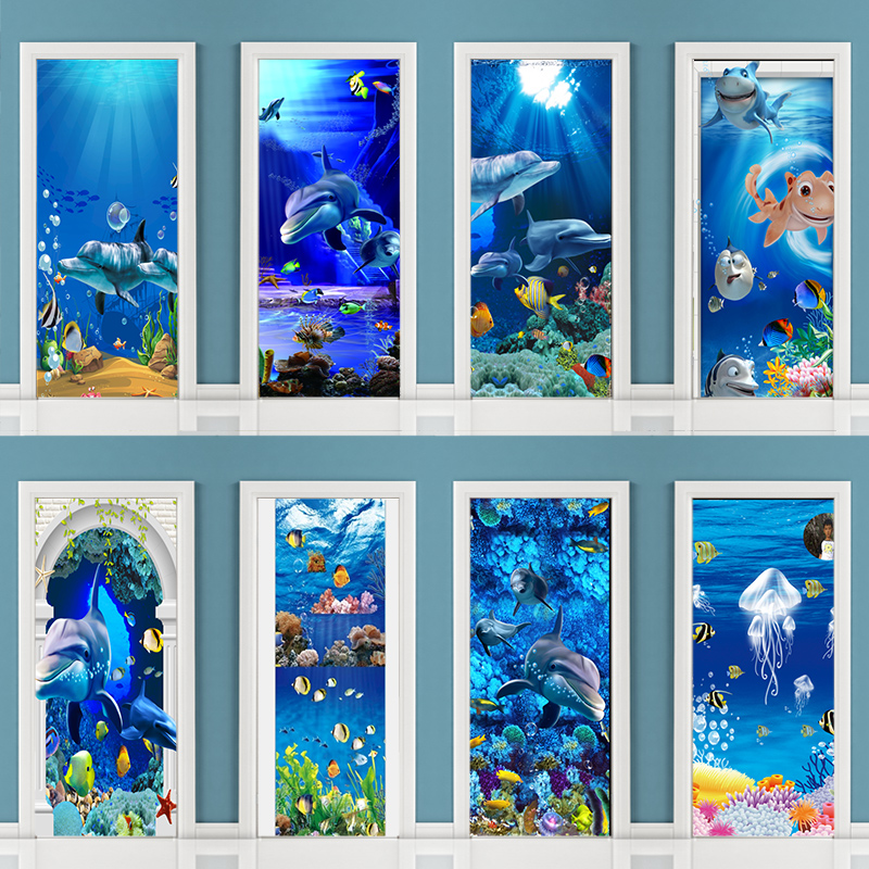 海底世界卫生间门贴纸防水移动门贴纸整张玻璃门贴衣柜门翻新自粘
