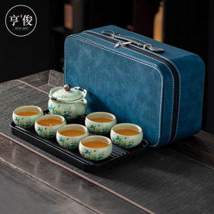 汝窑盖碗豆青釉手抓壶高档泡茶收纳户外便携旅行功夫茶具茶杯茶盘
