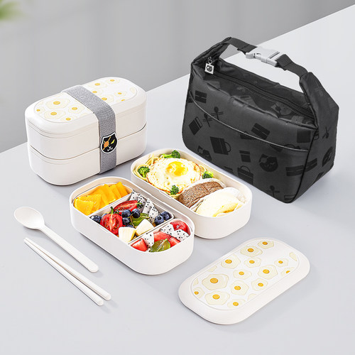 KAKACAT饭盒抗菌 可微波炉加热 卡通可爱双层便当盒 分隔餐盒