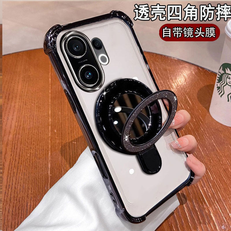 适用vivoV60手机壳国际版V2511自带镜头膜全包四角防摔气囊网红简约镜子支架5G透明硅胶保护补妆镜viv0男女薄