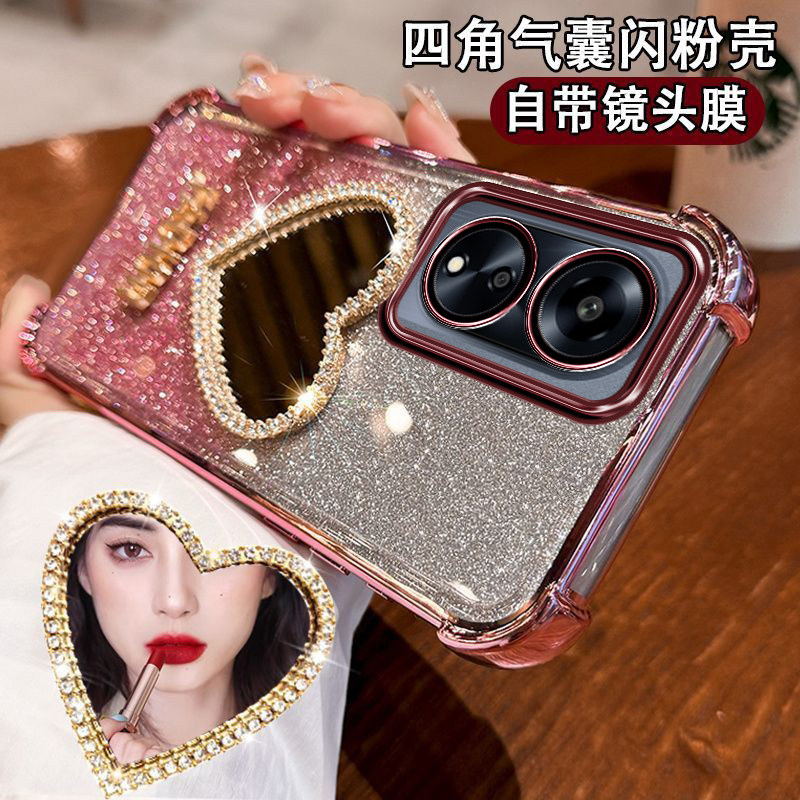OPPOA1活力版手机壳PHJ110镜头全包oppa1舌力板5G镶钻爱心化妆镜面女opoa四角防摔气囊ins轻奢小众闪粉高颜值