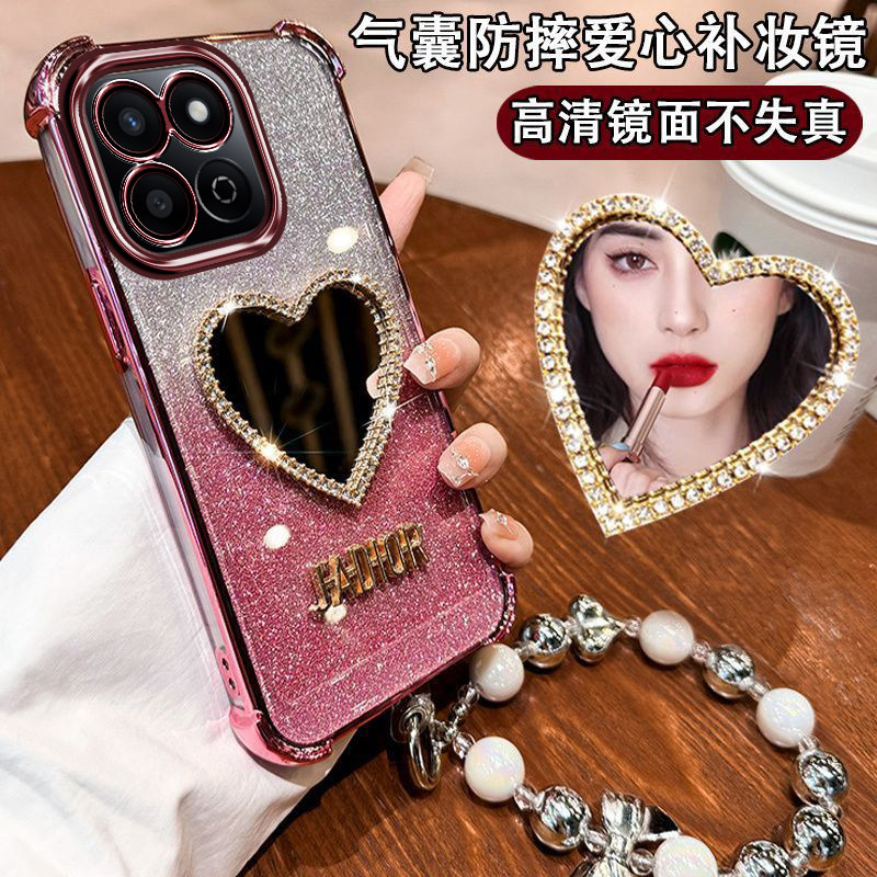 适用华为荣耀Play10t手机壳LOG一AN10镶钻爱心镜面女Honor四角全包防摔气囊play10t保护套5g高颜值奢华小众潮
