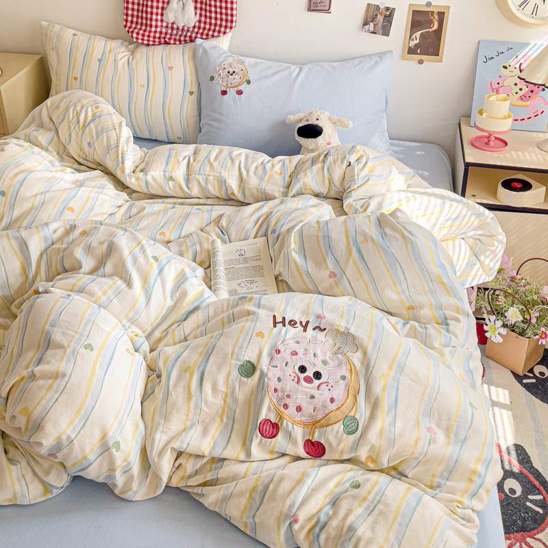 A类全棉水洗棉刺绣可爱儿童四件套混搭风小清新床品被套Ins风女生