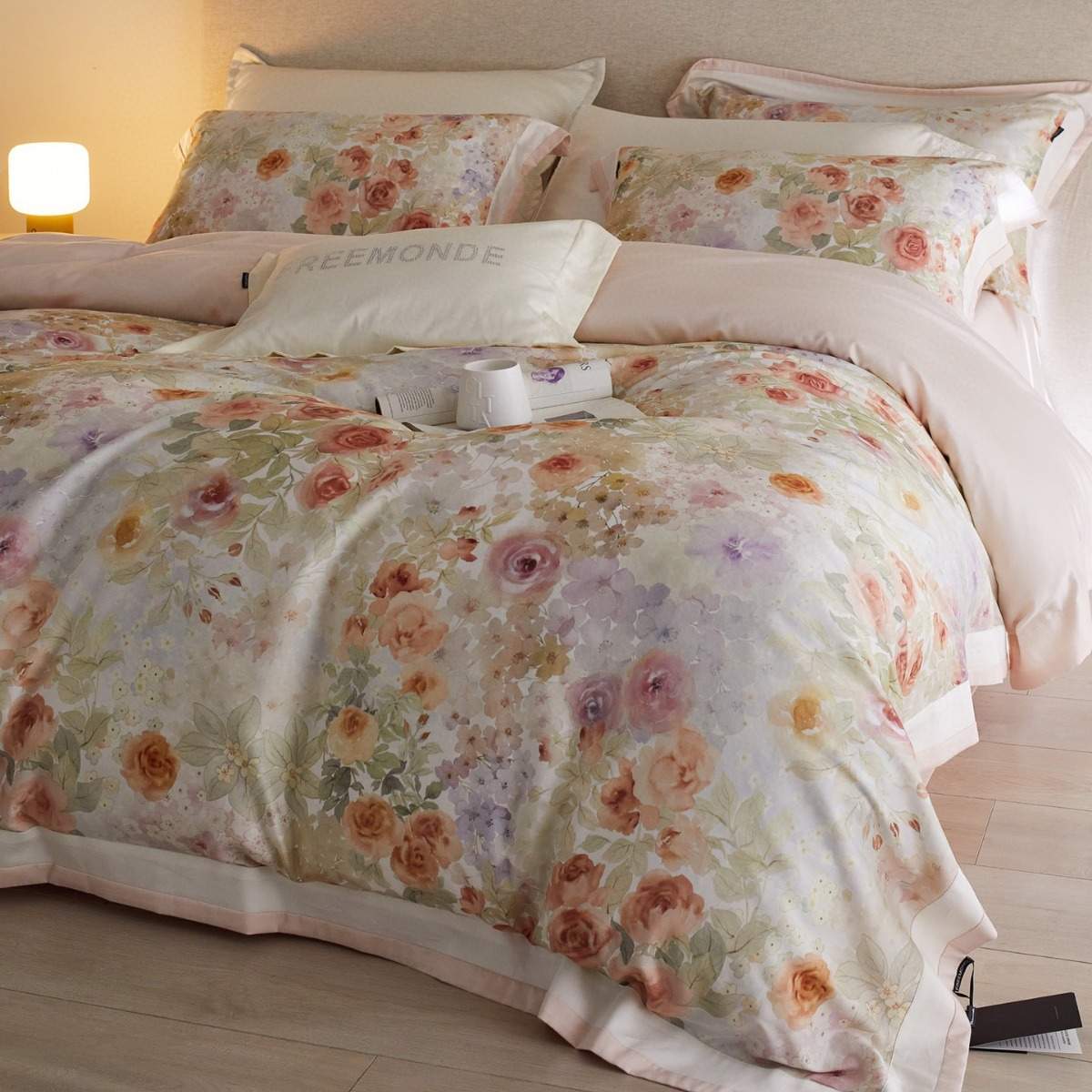 1轻奢田园风秋冬季天丝棉磨毛四件套法式油画数码印花被套床上用