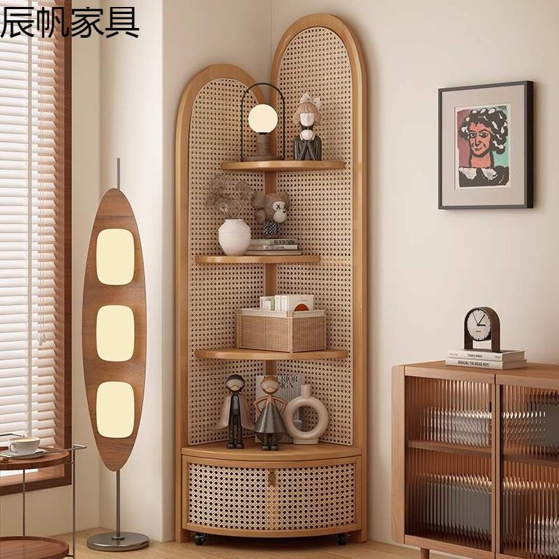 复古实木三角转角柜藤编客厅多层收纳柜书房收纳置物卧室拐墙角架