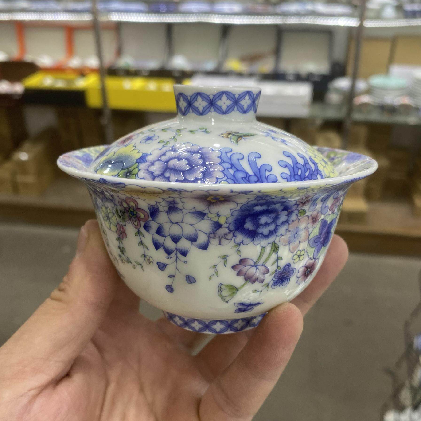 青花蝶恋花盖碗茶杯二才大号功夫茶具泡茶碗陶瓷家用茶杯茶碗单个
