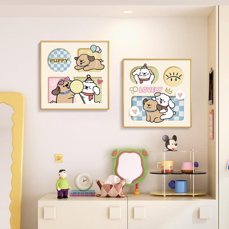 线条餐厅装饰画高级感卡通动物客厅挂画组合多巴胺背景墙壁画图片