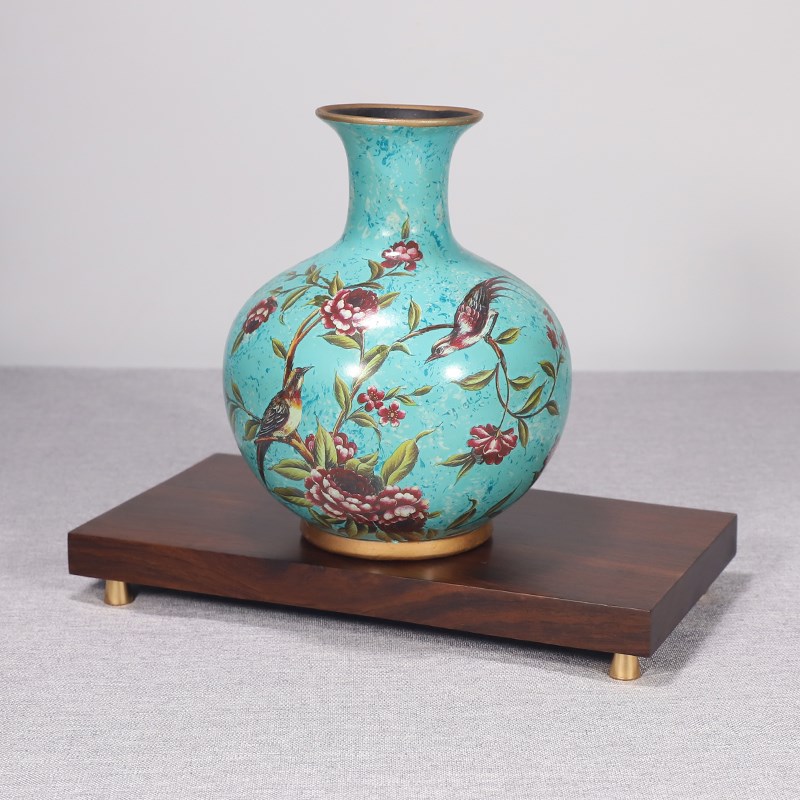 红花梨新中式铜脚实木底座茶承花瓶铜摆件工艺品家居装饰木托定制