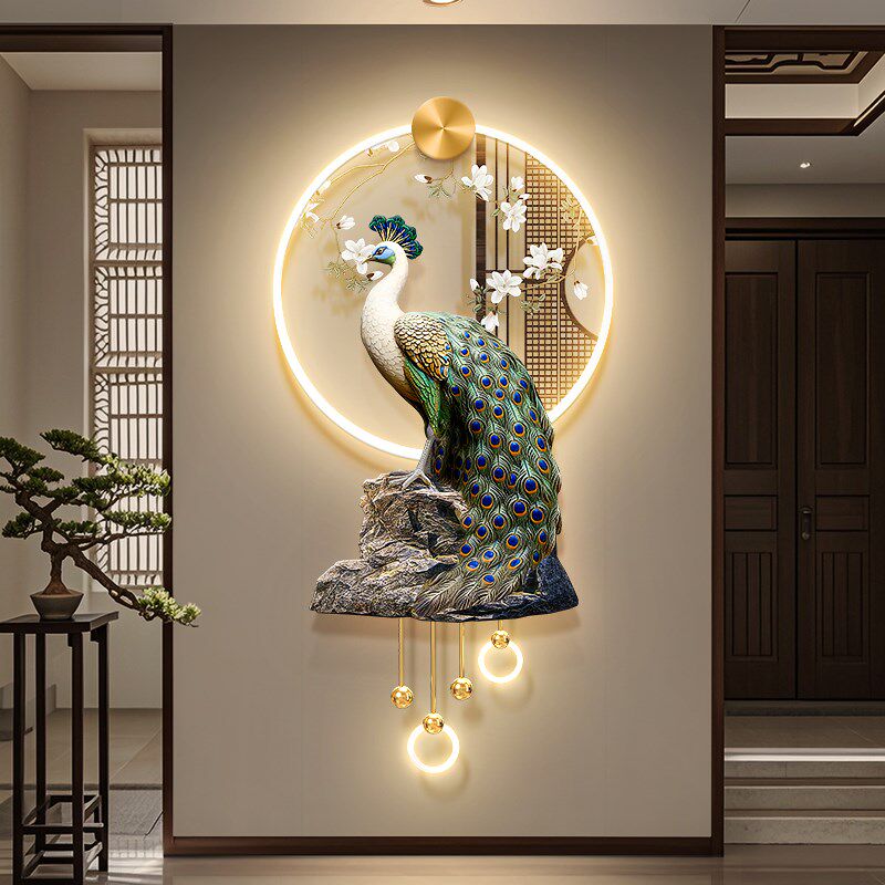 孔雀客厅格栅装饰挂件花开富贵电视背景墙壁画新中式玄关带灯挂画