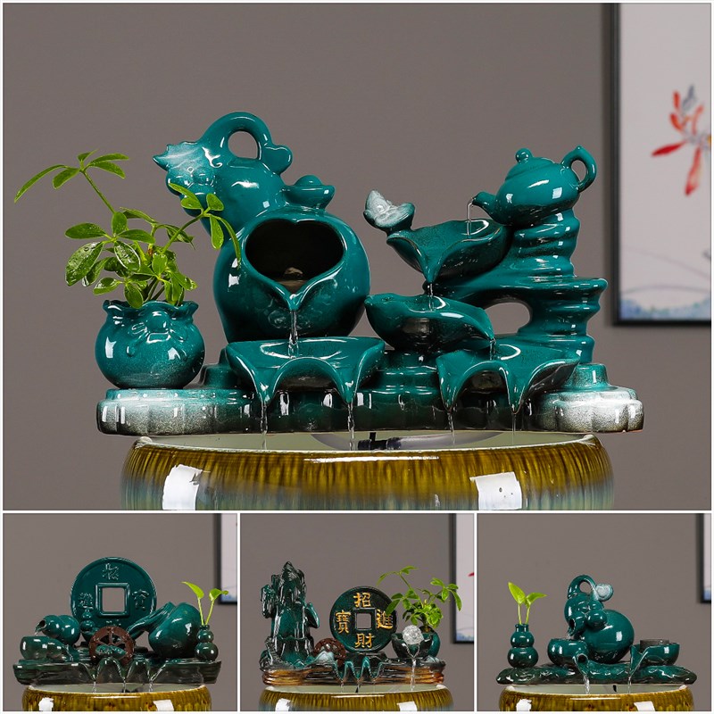 新中式陶瓷瀑布鱼缸 招财陶瓷水景鱼缸摆件 客厅用陶瓷鱼缸流水器